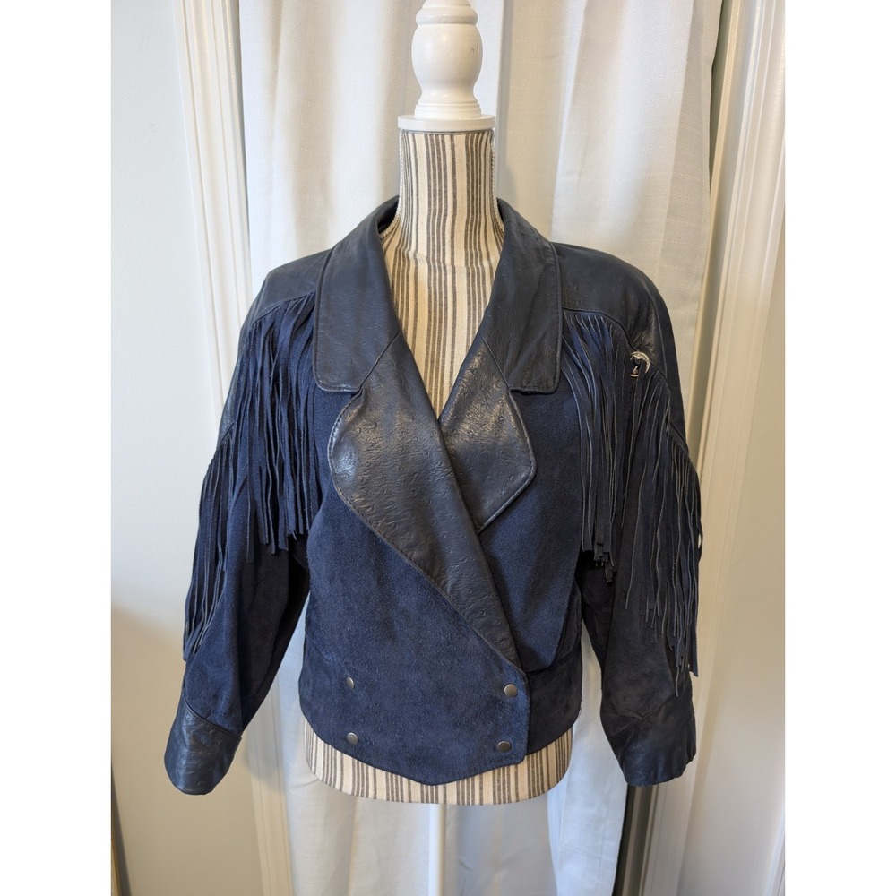VTG Outerwear by Phoenix White Navy Blue‎ Fringe Jacket Sz M Western Rodeo Biker